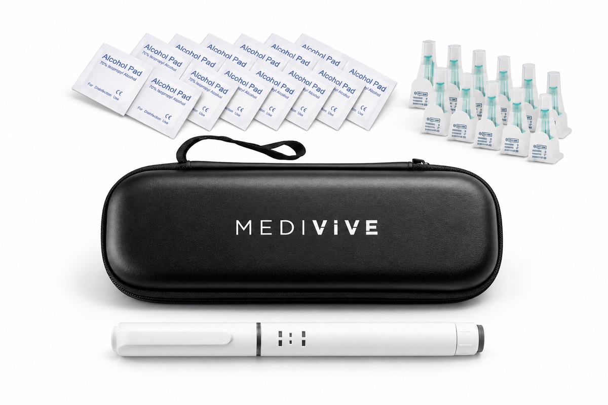 Plain white Medivive injector pen, branded carrying case, capped needle tips, and alcohol swabs