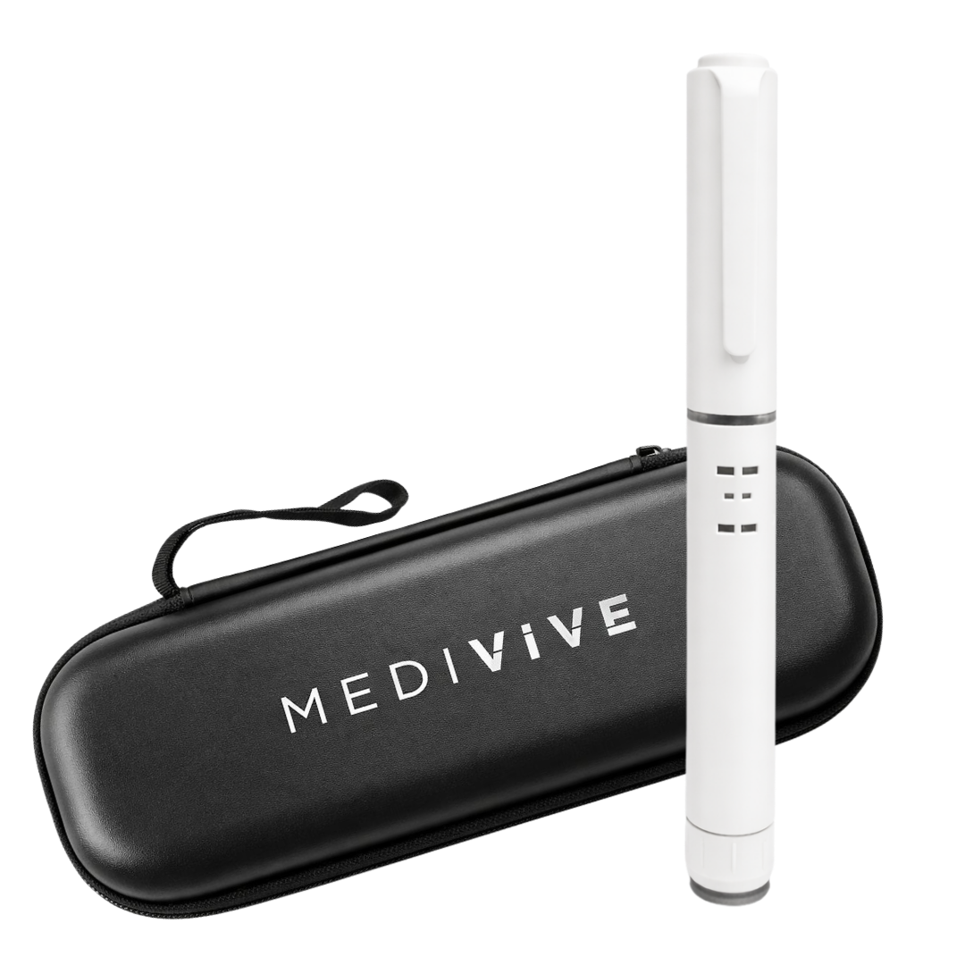The white Medivive NAD+ injector pen alongside its black travel case